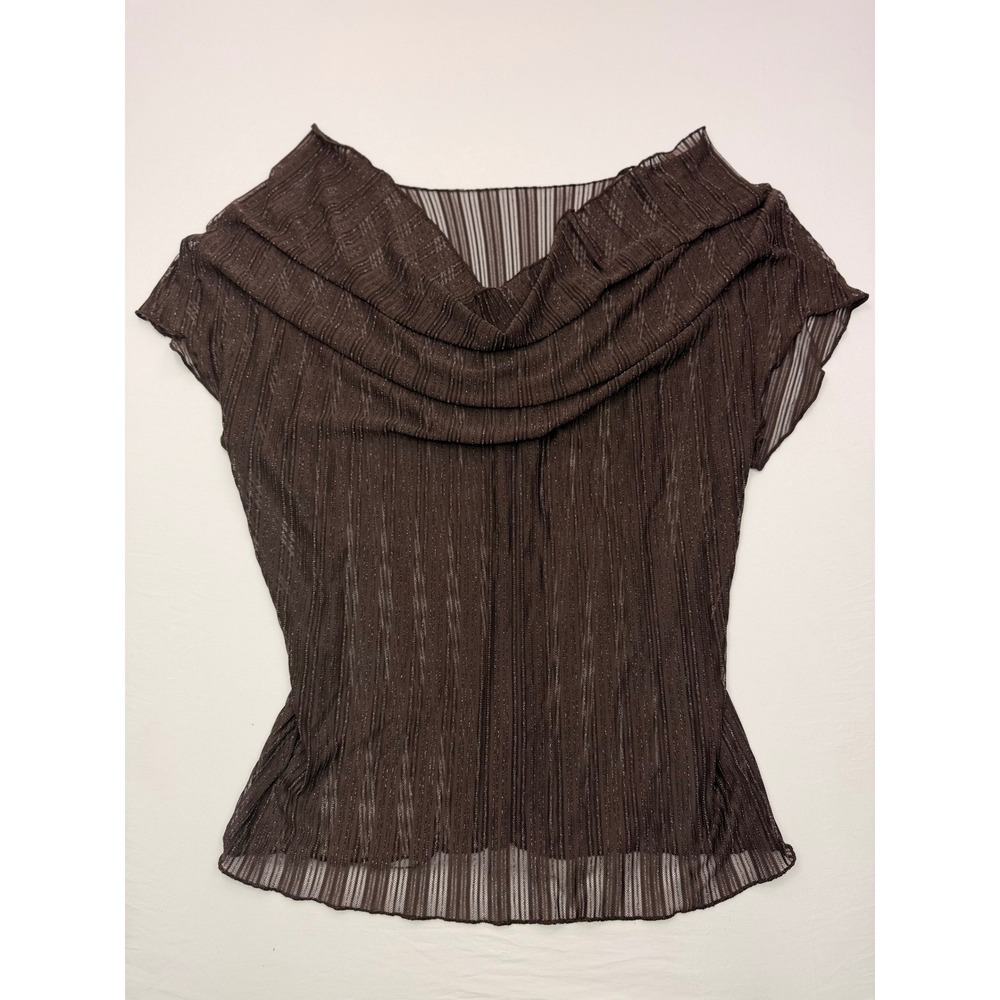Womens Brown Pleated Cowl Neck Sheer Metallic Shimmer Blouse Top - Picture 2 of 9